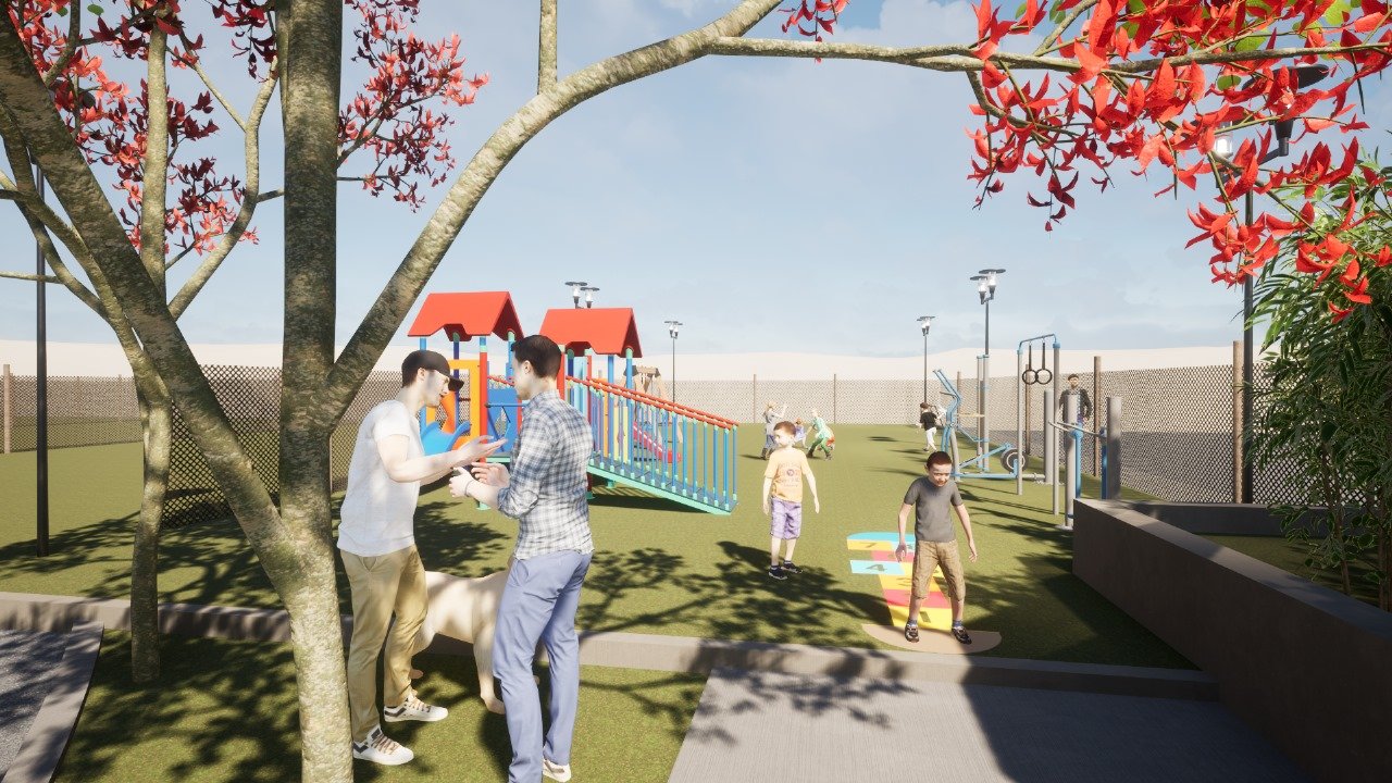 Render ilustrativo de la plaza y el equipamiento recreativo proyectado
